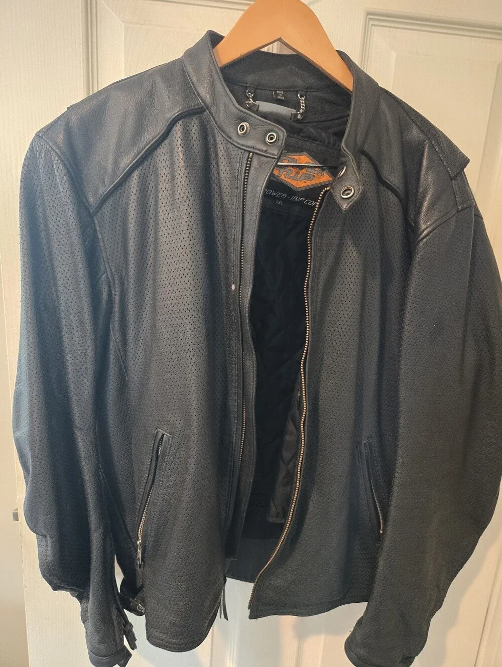 Men's Black Perforated Leather Jacket - Sporty Zip Front XXL